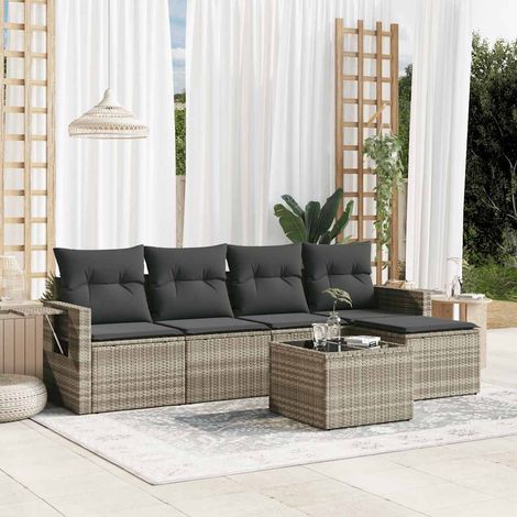 Salon de jardin 6 pièces en résine tressée gris clair avec coussins, table et repose-pied - PANGIVO (1/5)