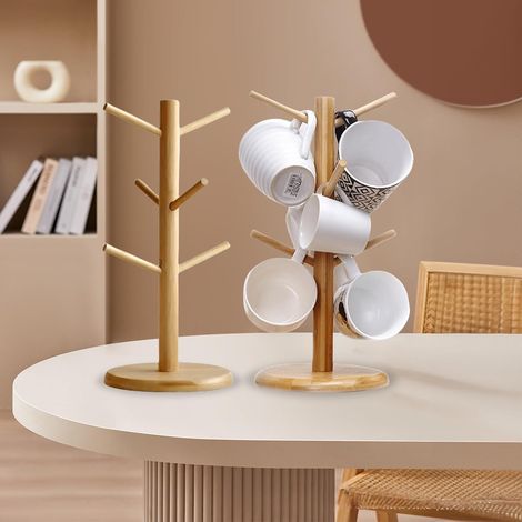 Lot de 2 Porte-Gobelets en Bambou Avec 6 Crochets - Accessoires pour Tasse à Café, Bretzel, Tasses, Saucisses, Colliers, Décorations (1/5)