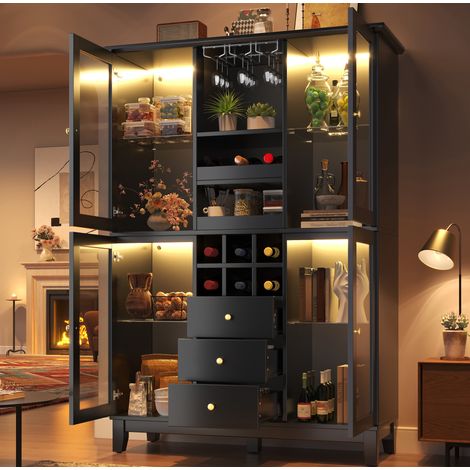 Cantinetta 120x40x180.5 cm nera in MDF con LED RGB, 3 cassetti e portabicchieri (1/5)