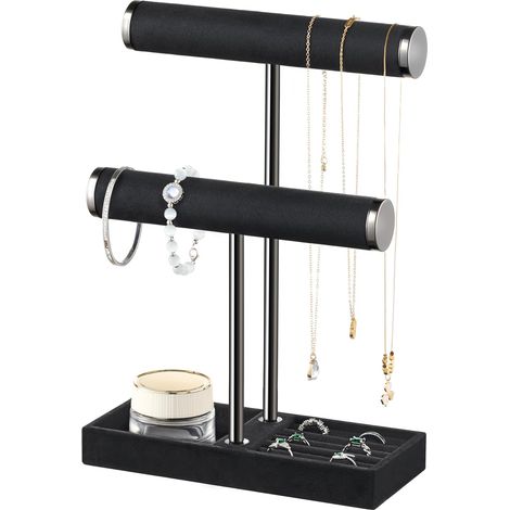 Organisateur de Bijoux à 2 Niveaux - Noir Support de Bijoux Amovible en T - Porte-Bracelets en Velours pour Bracelets, Colliers, Montres, Bagues, Noir