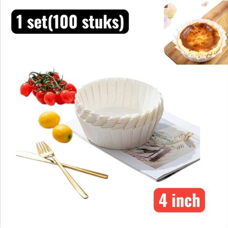 1 set de 100 moules en papier siliconé pour gâteaux, papier de cuisson sans pli pour cheesecake basque, tailles 4, 6 et 8 pouces, résistant à la chaleur, anti-graisse, blanc (1/5)