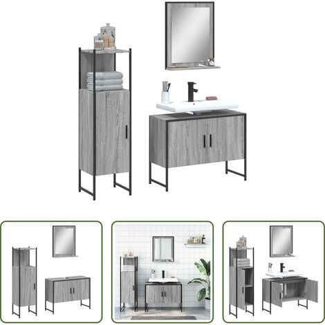 vidaXL Holzwerkstoff Badmöbel - 3-tlg. Badmöbel-Set Grau Sonoma Holzwerkstoff (1/5)