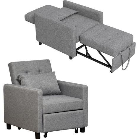 HOMCOM sofá cama de 1 plaza sofá cama tapizado en lino con respaldo ajustable de 3 niveles y almohada acolchad 69x82,5x84 cm gris