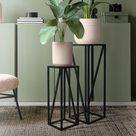 ML-Design 2 Soportes para Plantas de Metal Negro Macetero Pedestal 21,5x21,5x57,4 cm/26x26x73,5 cm para Interior o Exterior Industrial Decorativo Construcción Robusta y Estable para Flores (1/5)