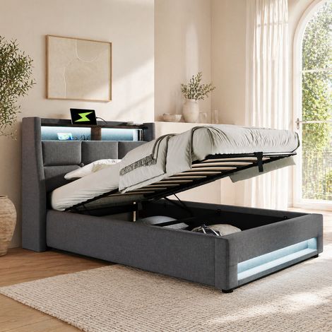 Lit coffre simple 90x200 cm avec LED et USB, sommier métal, cadre de lit en tissu lin, sans matelas, gris (1/5)