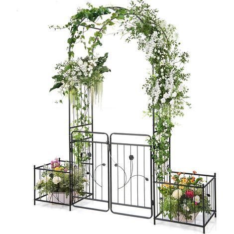 COSTWAY Arche de Jardin de 220 cm avec 2 Bacs Jardinière et Treillis, Pergola Extérieur pour Plantes Grimpantes avec Tubes Métalliques Portail Verrouillable, Décoration pour Mariage Fête (1/5)