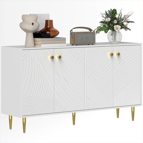 Buffet de rangement blanc 140 cm avec portes sculptées et étagères ajustables, style moderne (1/5)