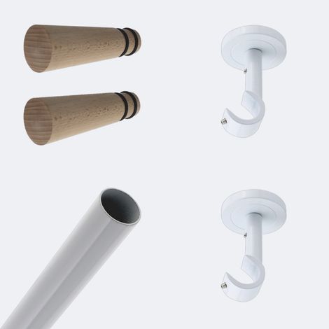 Kit de tringle à rideaux Blanc 150cm Diam.20mm Embout Cône Bois - Fixation Plafond - Boulet (1/3)