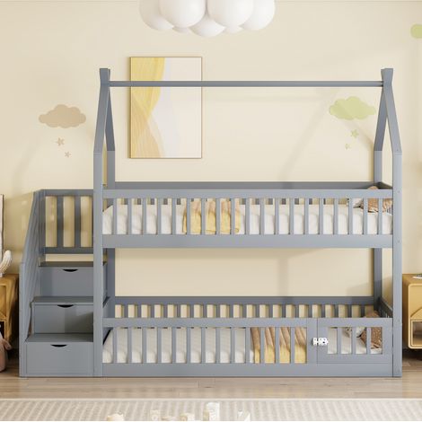 Letto a castello bambini 90x200 cm con scala portaoggetti sicura, senza materasso, grigio (1/5)