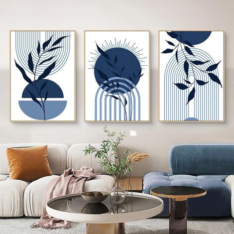 Poster 3er Boho Abstrakt Blau Pflanze Blätter Wohnzimmer L 21x30cm (1/5)
