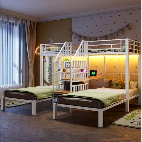 Etagenbett 90x200 cm Weiß aus Metall und MDF mit LED-Lichtleiste, Schreibtisch und Stauraum (1/5)