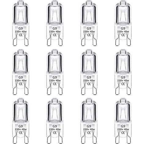 12er-Pack G9-Halogenlampen, 40 W, 230 V, dimmbar, 0–100 %, 480 lm, warmweiß (2700 K), G9-Sockel, flimmerfrei, für Backöfen, Kronleuchter, Gartenleuchten und Schrankbeleuchtung (1/4)