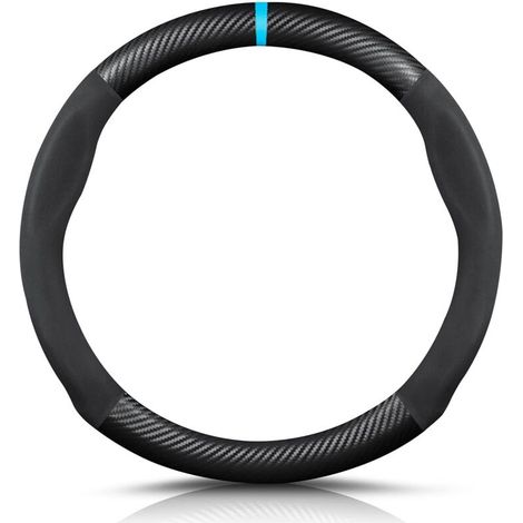 Funda redonda antideslizante para volante de fibra de carbono y cuero sintético de microfibra, transpirable, para volantes deportivos de 38 cm (15 pulgadas) de diámetro - Negro Azul