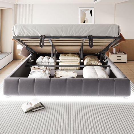 Lit capitonné 180 x 200 cm avec LED, sommier hydraulique + rangement, lit enfant/gris, sans tête de lit, design moderne et pratique (1/4)