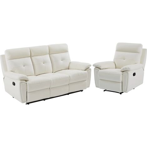Canapé 3 places et fauteuil relax en cuir blanc VINETA (1/5)