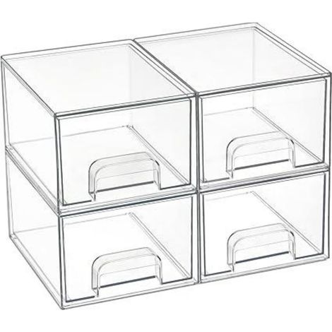 Boîte De Rangement Cosmétique - Tiroir Coulissant Empilable En Plastique Transparent - Pour Salle De Bains Et Cuisine - 31 x 19 x 22 cm - Lot De 4 Avec 32 Tapis Anti-dérapants