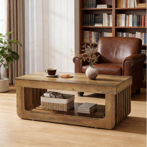 Table basse 120x60x45 cm marron en MDF avec étagère de rangement et pieds réglables (1/5)