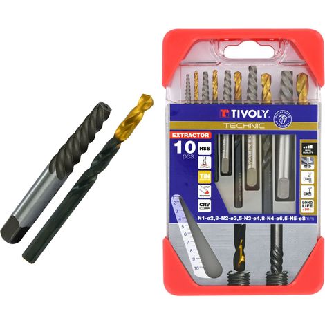 Tivoly • Caja de 10uds, que contiene 5 extractores de espárragos y tornillos rotos N1, N2, N3, N4, N5 y 5 brocas HSS STEAM TIN surtidas D2.5-3.2-4.8-6.5-8mm (1/2)