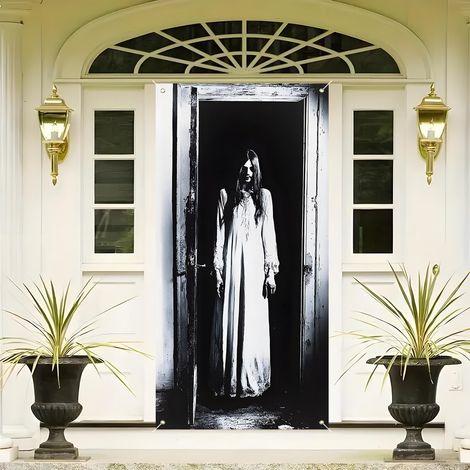 Décoration de porte sanglante et effrayante pour Halloween - Bannière/drapeau extérieur pour porche - 90 x 180 cm (Perforation + ruban) - MG-18