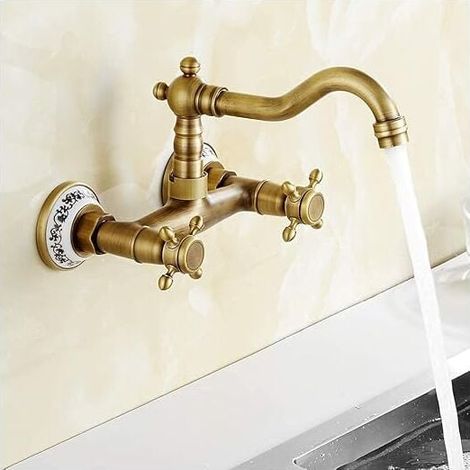 Robinet de cuisine Mur lavabo vintage avec en avec eau froide et chaude mélangeur d'évier antique Laiton Céramique (1/4)