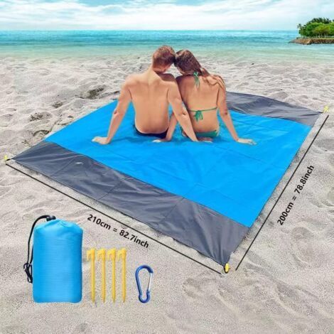 (Bleu)Tapis de Plage Couverture Pique Nique 200x210cm Couverture de Plage Ultra légère Natte de Plage extérieure imperméable pour la Plage,Le Camping,Portable à séchage Rapide. (1/5)