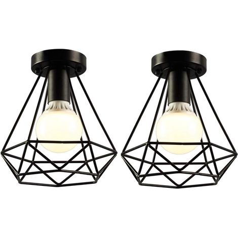 2 Pack Plafonniers Noir 20cm Suspension Cage Rétro Métal Forme Diamant Luminaire Industrielles Lampe de Plafond E27 Luminaire d'eclairage - Vintage (1/5)