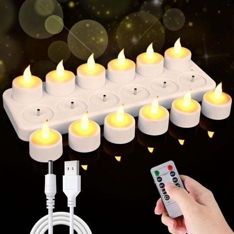 Wiederaufladbare LED-Teelichter mit Ladestation, 12er-Packung wiederaufladbare LED-Kerzen mit Fernbedienung und Timer, flackernde Flamme, für Schlafzimmer-, Hochzeits-, Halloween- und Weihnachtsdekora (1/4)