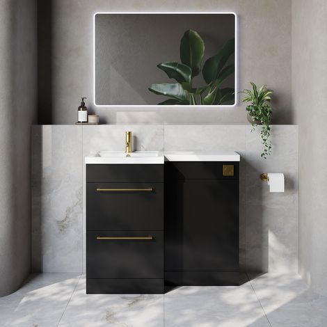 Napoli 390 Matt Black 1000mm 2 Drawer Vanity Unit Toilet Suite with Left Hand Square Lucia Basin - 1000mm - Brushed Brass 320mm HandleWithout Kingston Toilet Pan