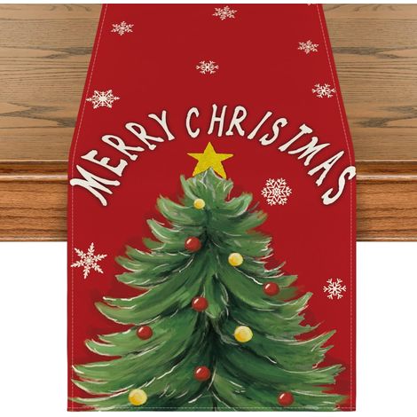 Chemise De Table De Noël - Flocon De Neige Et Pin Rouge - Pour Cuisine Et Salle À Manger - 33 X 228 Cm