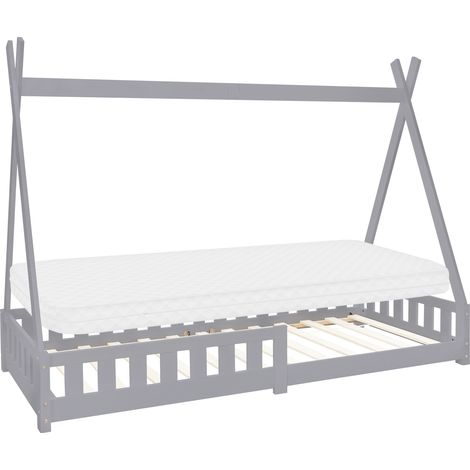 ML-Design Cama Infantil Tipi Gris Claro + Colchón 200x90 cm Protección Anticaída y Somier Estructura Listones de Madera Maciza de Pino para Niño Forma de Casa Cuna Juvenil Reja Juego Lecho de Suelo