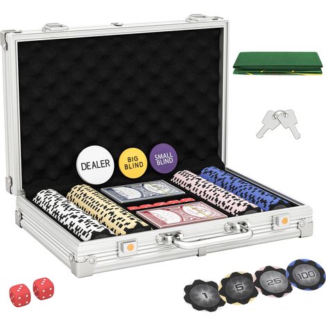 Coffret jetons poker avec dés, bouton donneur, 2 jeux cartes, argenté