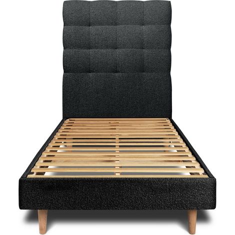 Lit 90x190cm avec tête de lit capitonnée bouclette et sommier kit Noir - Hauteur totale : 29cm (1/5)