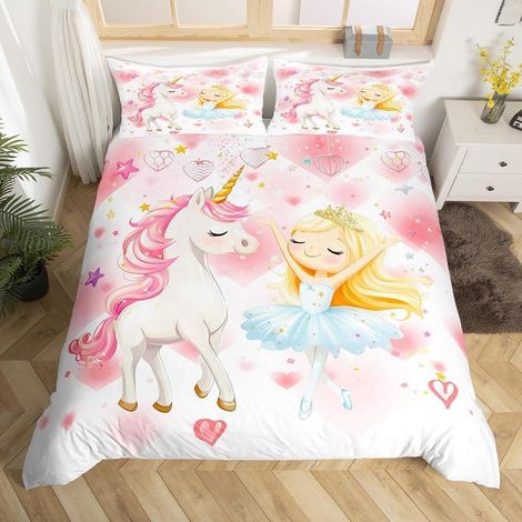 Kinder Bettwäsche Set Einhorn Ballett Mädchen 135x200cm Rosa Mikrofaser
