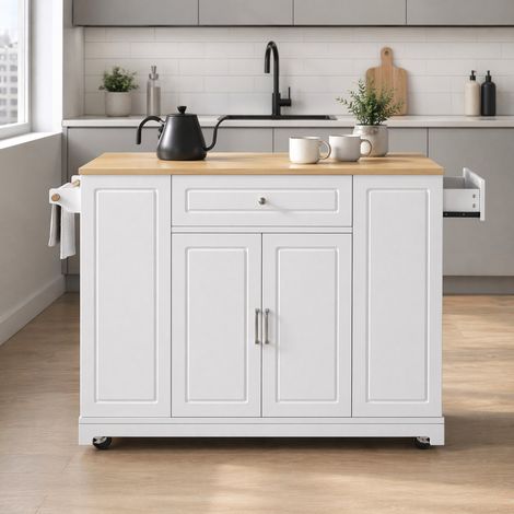 Isola da cucina mobile 132x93 cm, con piano da carico 60 kg, supporto centrale e 5 ruote, in MDF bianco (1/5)