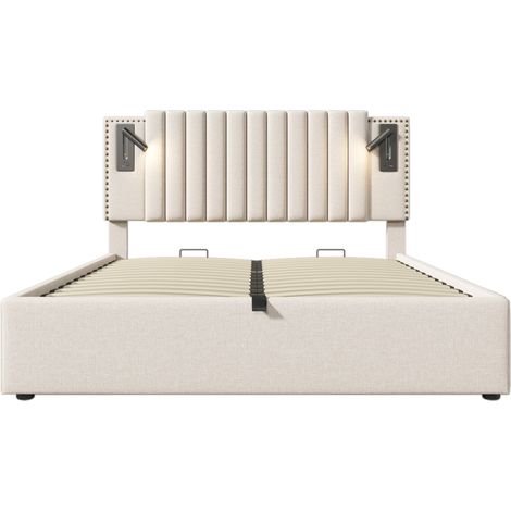 Polsterbett 160x200 cm Beige mit LED, USB-C, Lattenrost und Matratze (1/5)