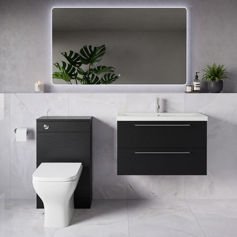 Napoli 390 Nero Oak 1300mm Wall Mounted 2 Drawer Vanity Unit and Toilet Suite with Glide Basin - 1300mm - Chrome 480mm HandleWith Kingston Toilet Pan and Seat