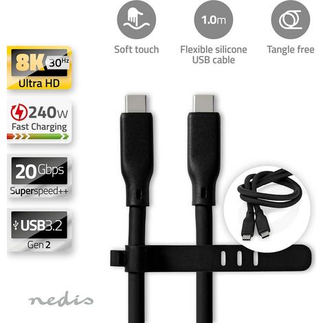 Nedis USB-Kabel / USB 3.2 Gen 2 / USB-C™ Stecker / USB-C™ Stecker / 240 W / 8K@30Hz / 20 Gbps / Vernickelt / 1.00 m / Rund / Silikon / Weiss / Box (1/5)