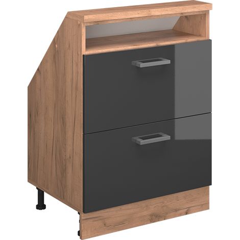 Meuble sous pente R-Line, Anthracite brillant/Chêne doré, 60cm avec 2 tiroirs, Vicco