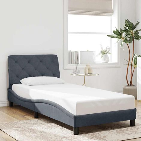 Cadre de Lit Velours Gris foncé 90x200 cm avec Coussin de Tête Rembourré Mousse et Conception Latérale Ondulée (1/4)