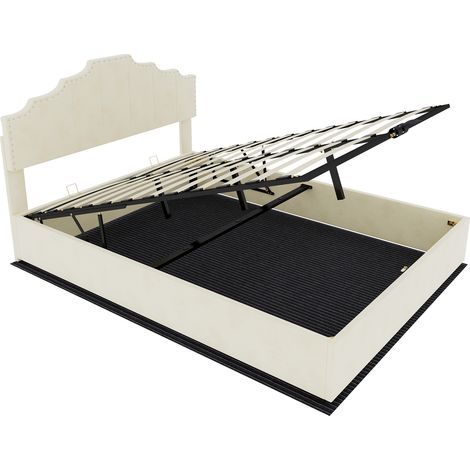 Cama canapé tapizada 160 x 200 cm beige con elevación hidráulica HOMVRA (1/5)