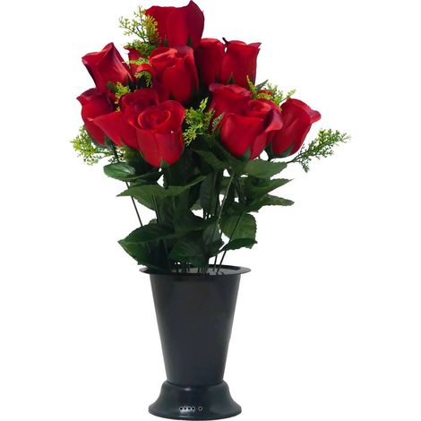 Pot Cône de Boutons de Roses fleurs artificielles pour le cimetière H 38 cm D 26 cm Rouge - couleur: Rouge (1/3)