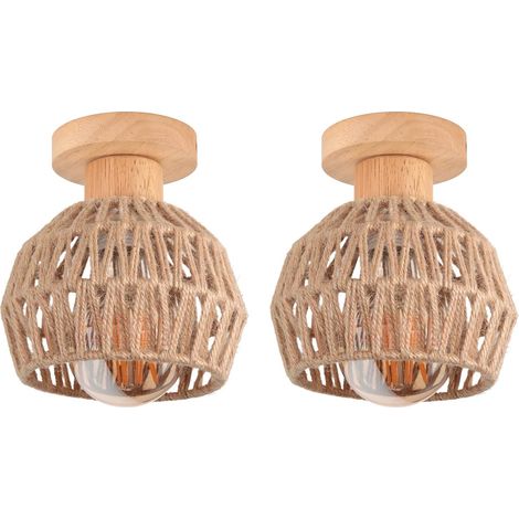 Lot de 2 Plafonnier E27 Bois et Corde Abat-jour Rétro 16cm Chambre