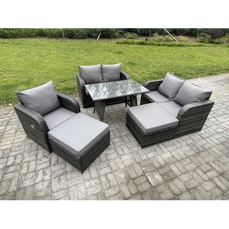 Fimous Ensemble de meubles de jardin en polyrotin 7 places avec 2 Grand tabourets Gris foncé mixte (1/5)