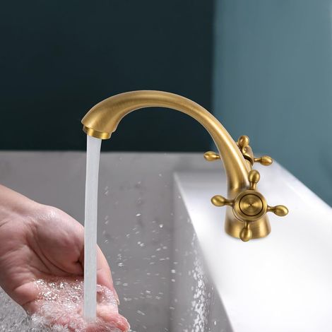 Waschtischarmatur aus Messing mit Zweigriff, Wasserhahn Bad Armatur Mischbatterie für Kaltes und Heißes Wasser, Retro Waschbecken Armaturen mit Keramikspule für Badezimmer (Antike Farbe) (1/5)