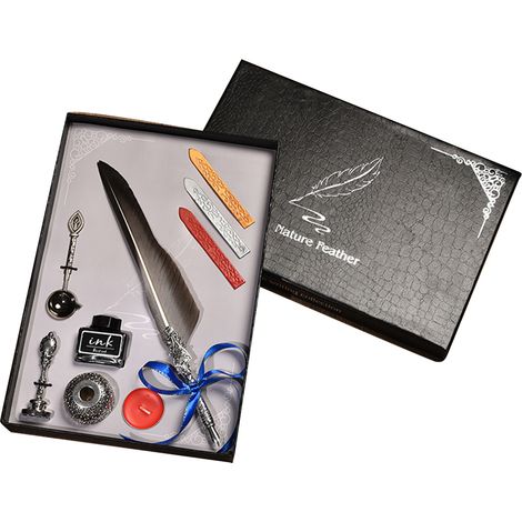 Plume d’oie vintage classique, stylo plume calligraphie, kit de plume à tremper gris et blanc, ensemble signe plume élégant. (1/5)