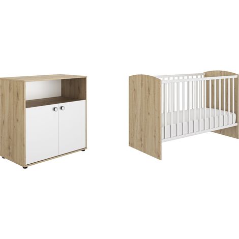 Ensemble Duo Lit 70x140 – Commode 2 portes en bois massif – Lit évolutif avec barrières – Sommier réglable sur 2 hauteurs – Galipette (1/2)