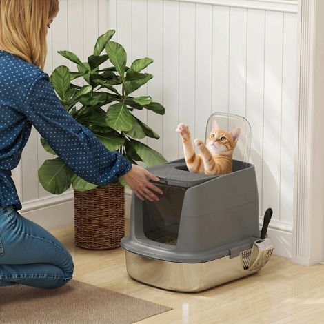 Litière pour chat XL 52,4x41,3x39,8 cm en acier inox gris, modulable, FloraGrace (1/5)