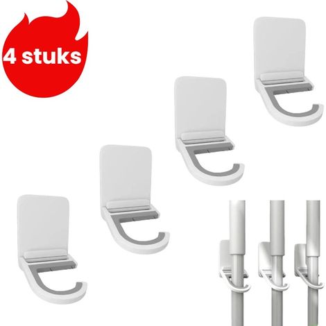 Lot de 4 crochets porte balai avec pinces robustes fixation murale sans perçage pour balai et accessoires de salle de bain blanc (1/5)