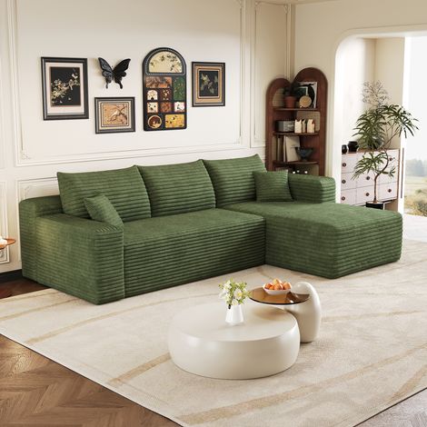 Divano letto estensibile 90x200 cm con LED, USB Type-C, vano contenitore, rete a doghe, velluto - angolare modulare 241x151 cm, tessuto verde, seduta profonda e confortevole, non richiede montaggio, p (1/5)
