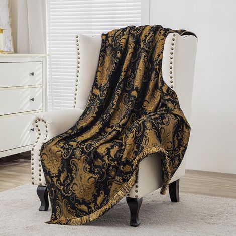 Plaid Jacquard Damassé, Couverture de Canapé, Jeté de Lit Doux Chaud pour Canapé Fauteuil Salon Chambre 132x182cm (Noir) (1/5)